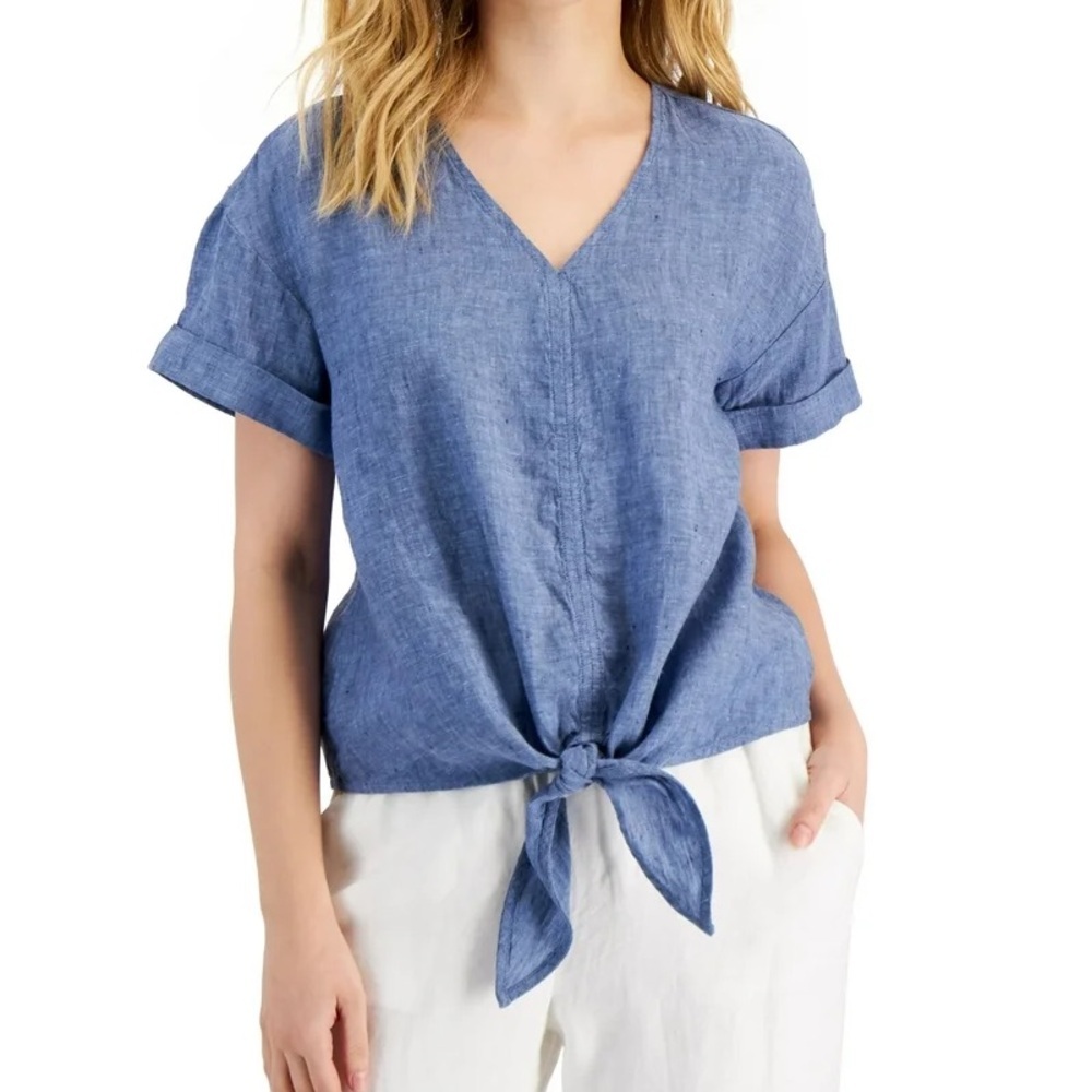 NWT Charter Club Luxury 100% Linen Tie-Front Top Intrepid Blue Small